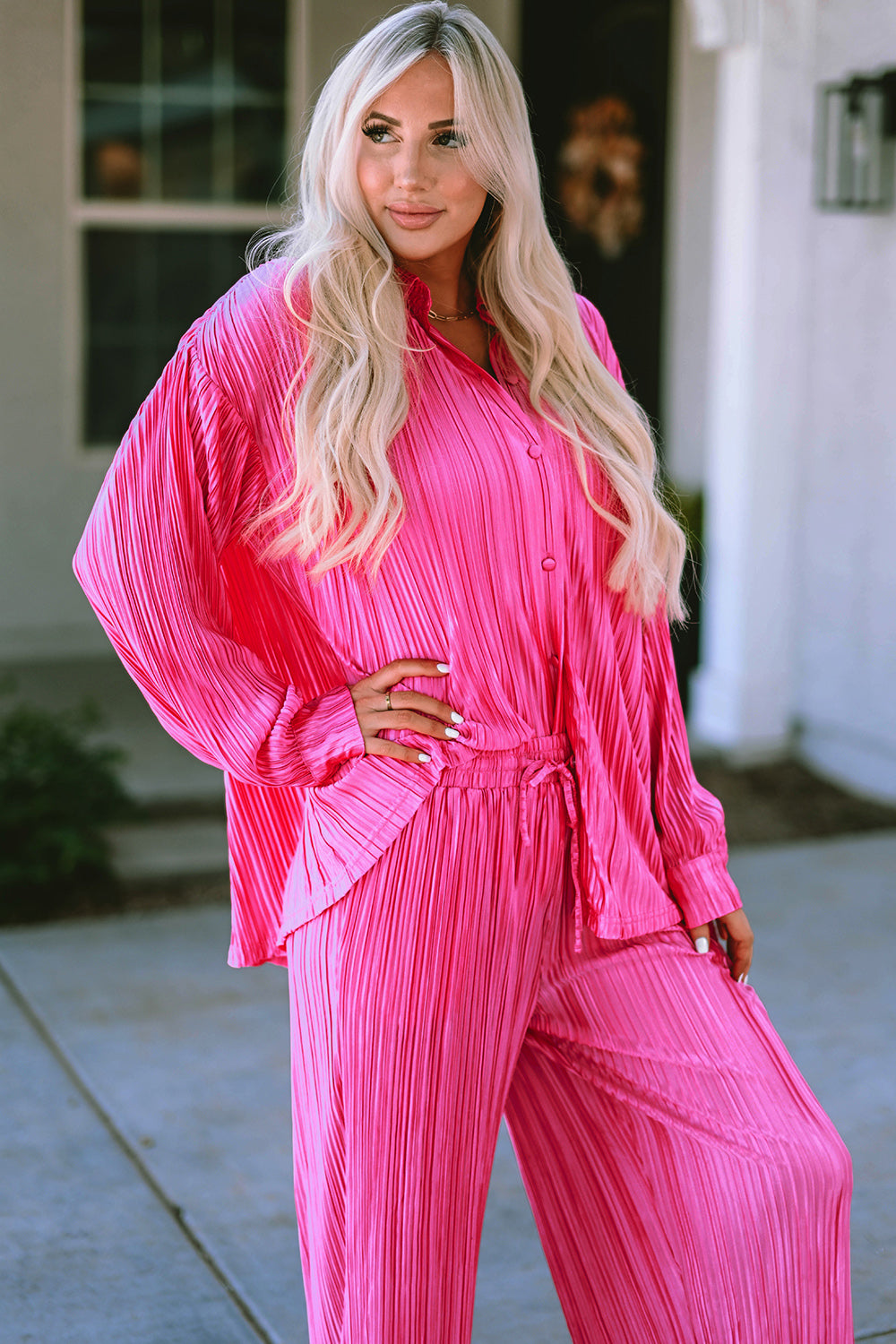 Pleated Button Up Shirt and Wide-Leg Pants Set - Tantalize Boutique