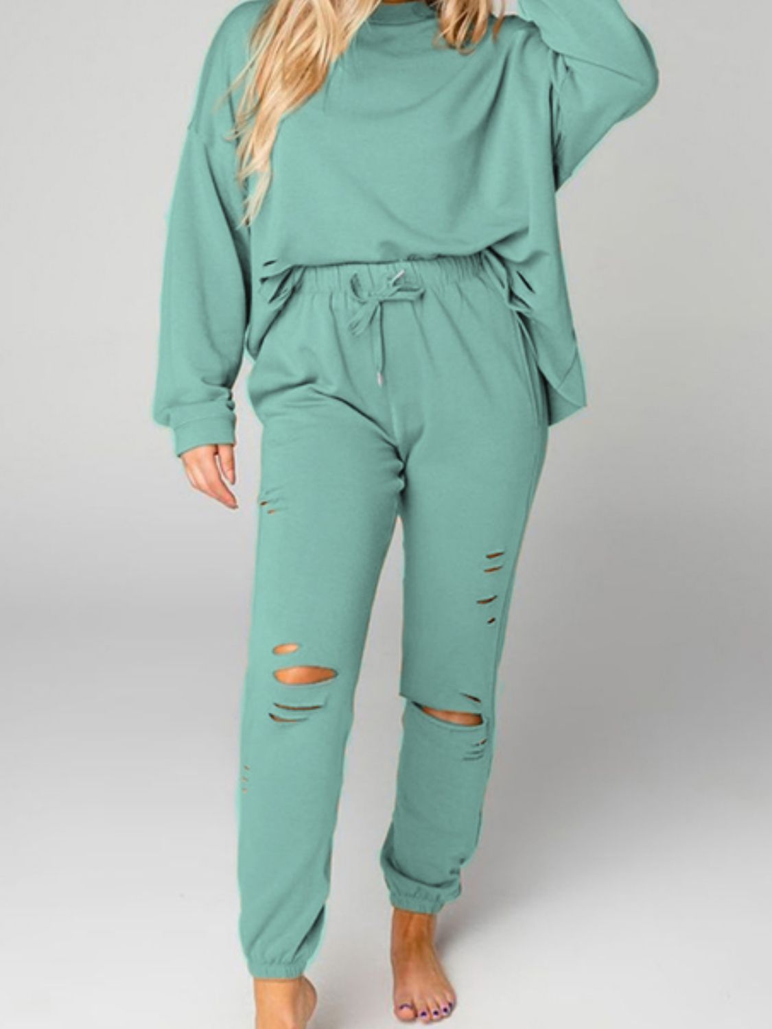 Distressed Sweatshirt and Joggers Set - Tantalize Boutique
