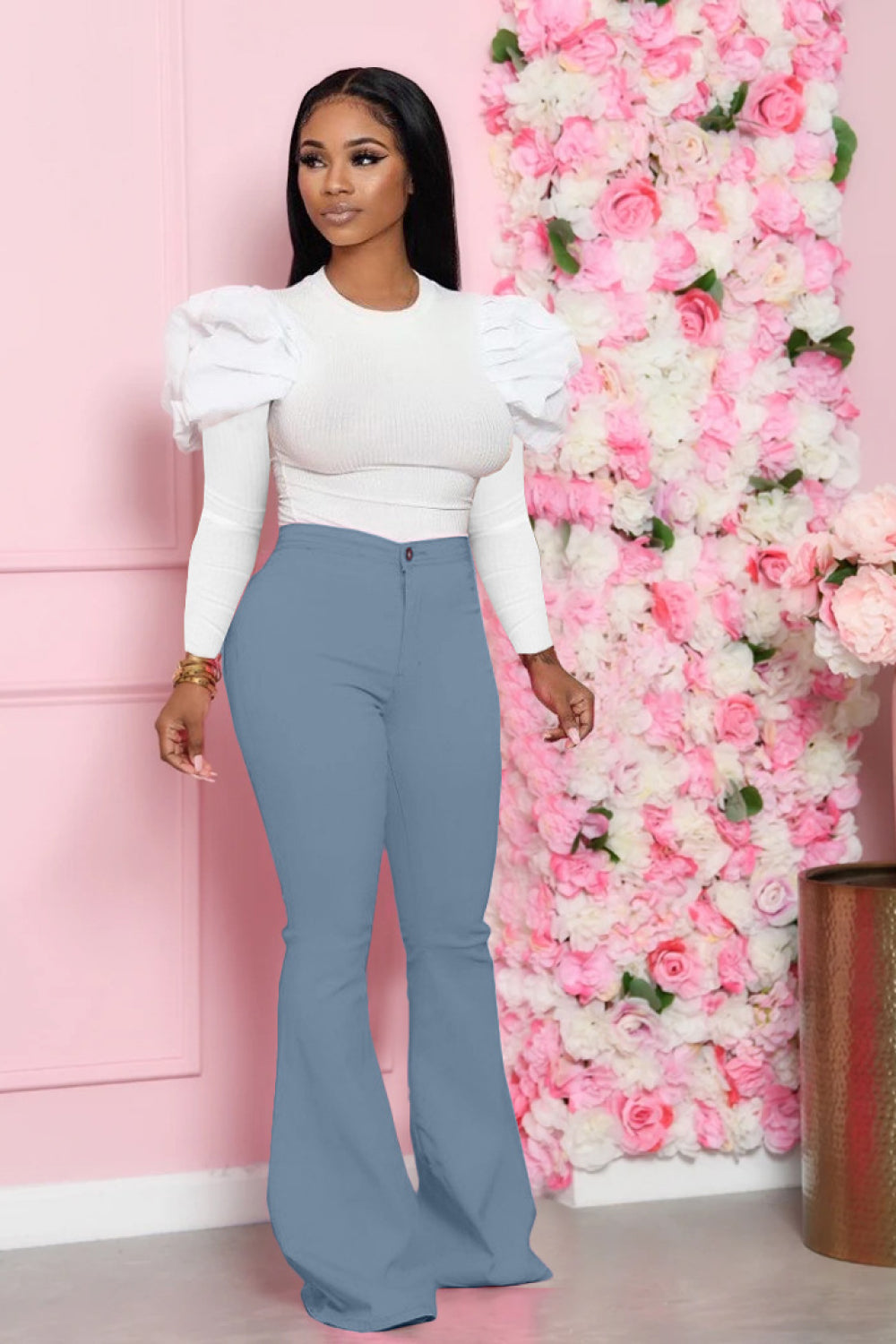 Leg-Of-Mutton Sleeve Top and Flare Pants Set - Tantalize Boutique