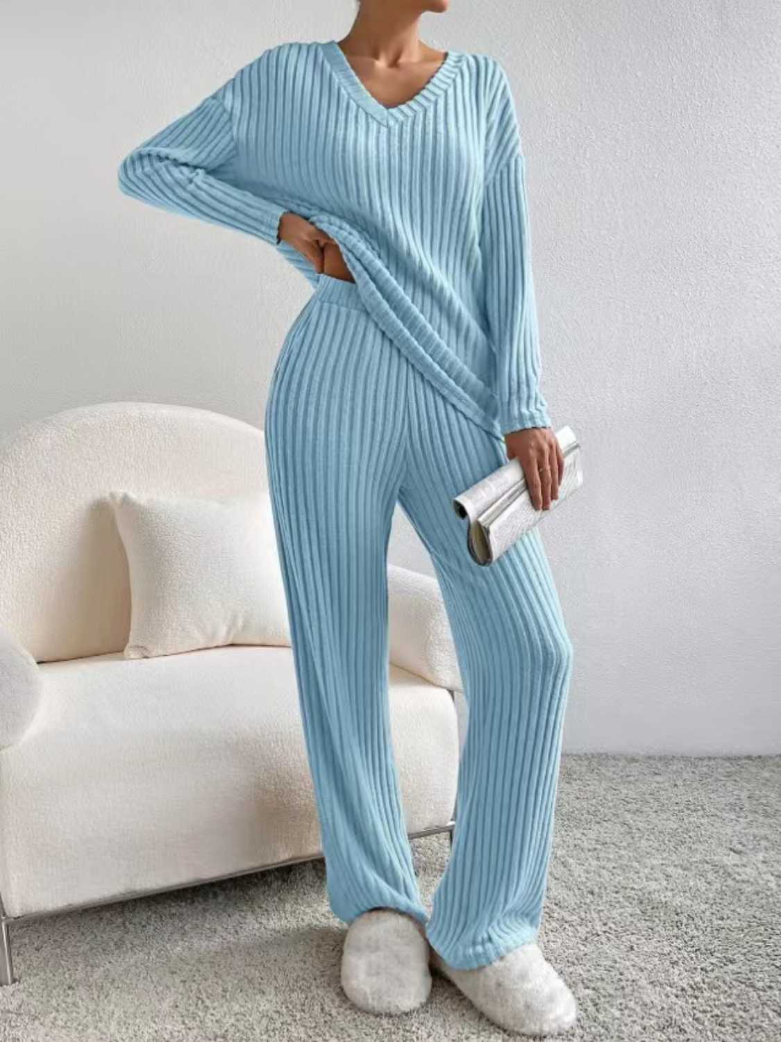 Ribbed V-Neck Long Sleeve Top and Pants Set - Tantalize Boutique