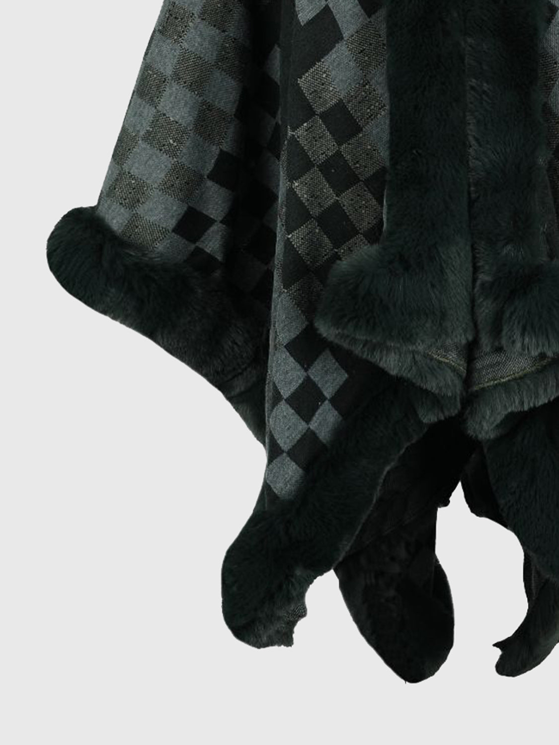 Checkered Faux Fur Trim Poncho - Tantalize Boutique