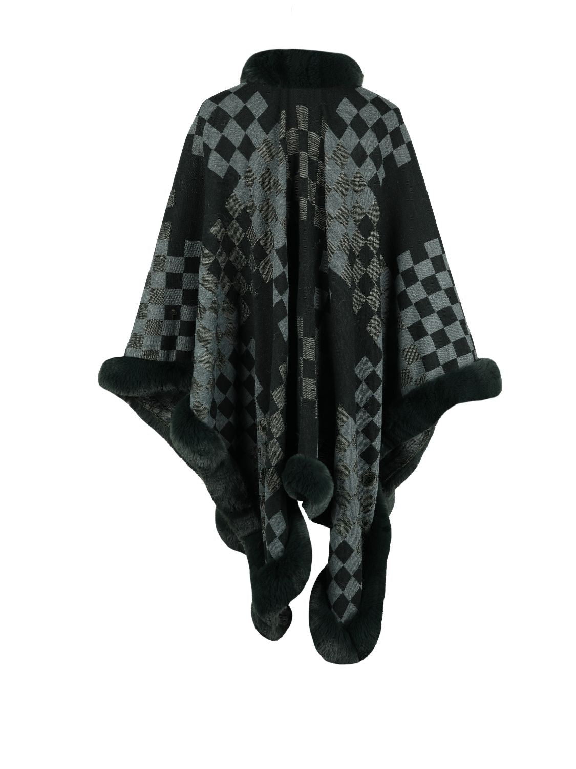 Checkered Faux Fur Trim Poncho - Tantalize Boutique