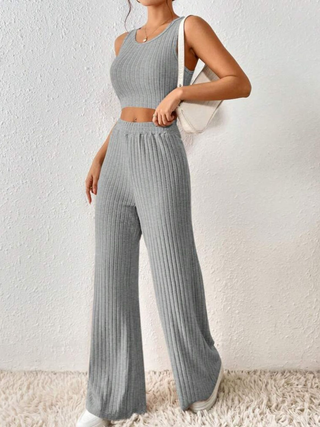 Ribbed Round Neck Tank and Pants Sweater Set - Tantalize Boutique
