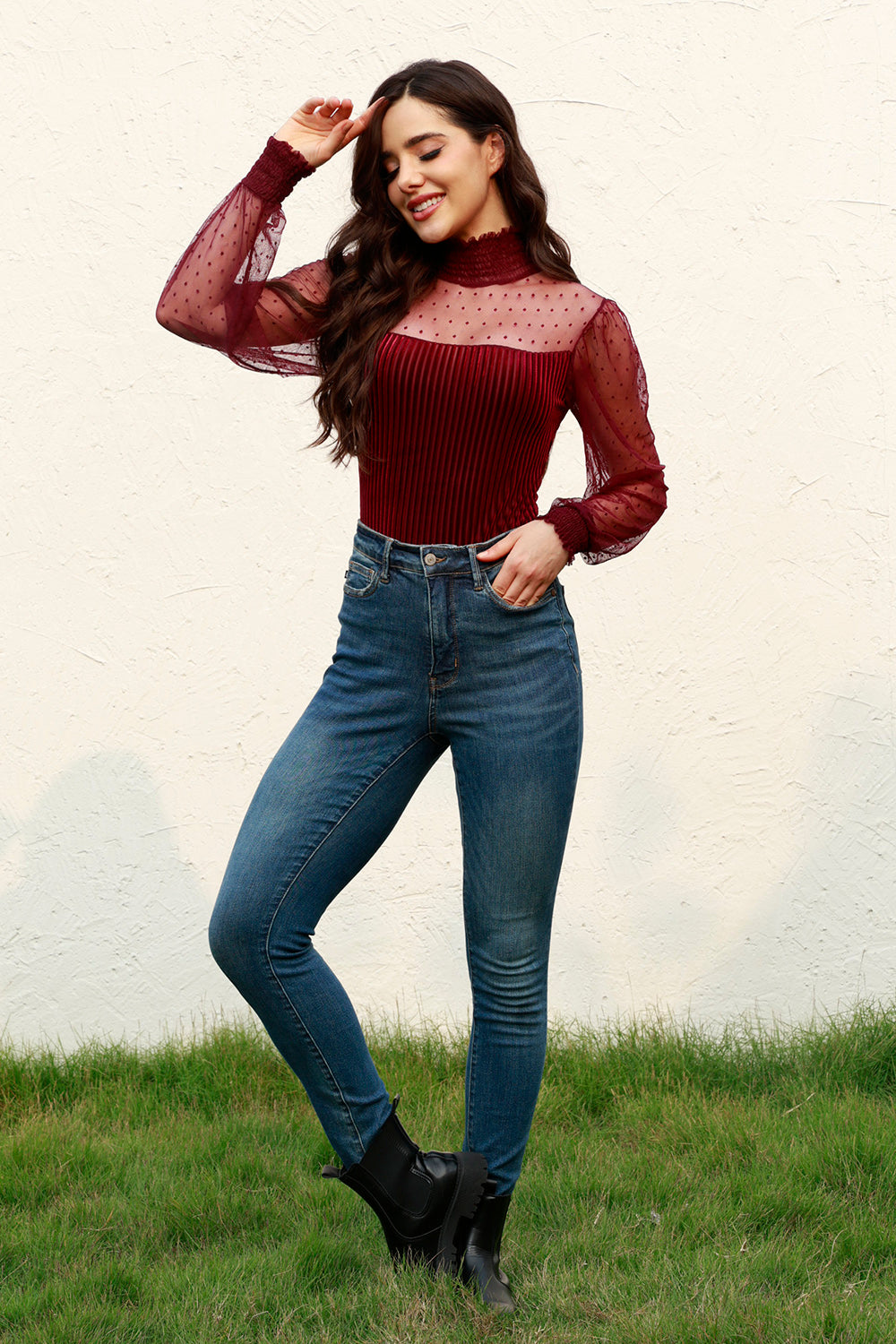 Mesh Long Sleeve Velvet Bodysuit - Tantalize Boutique