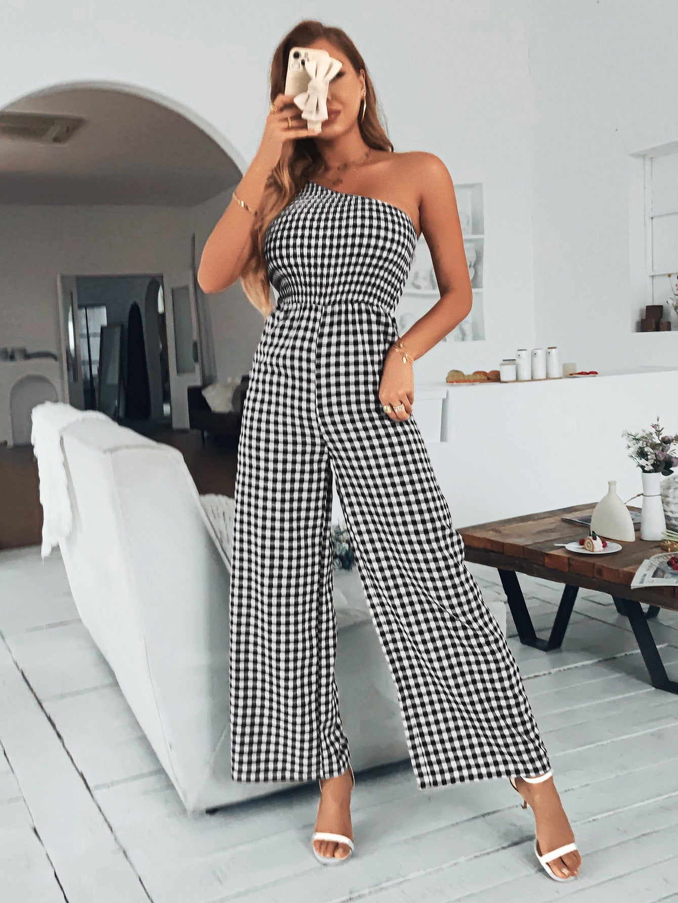Plaid One-Shoulder Wide Leg Jumpsuit with Pockets - Tantalize Boutique