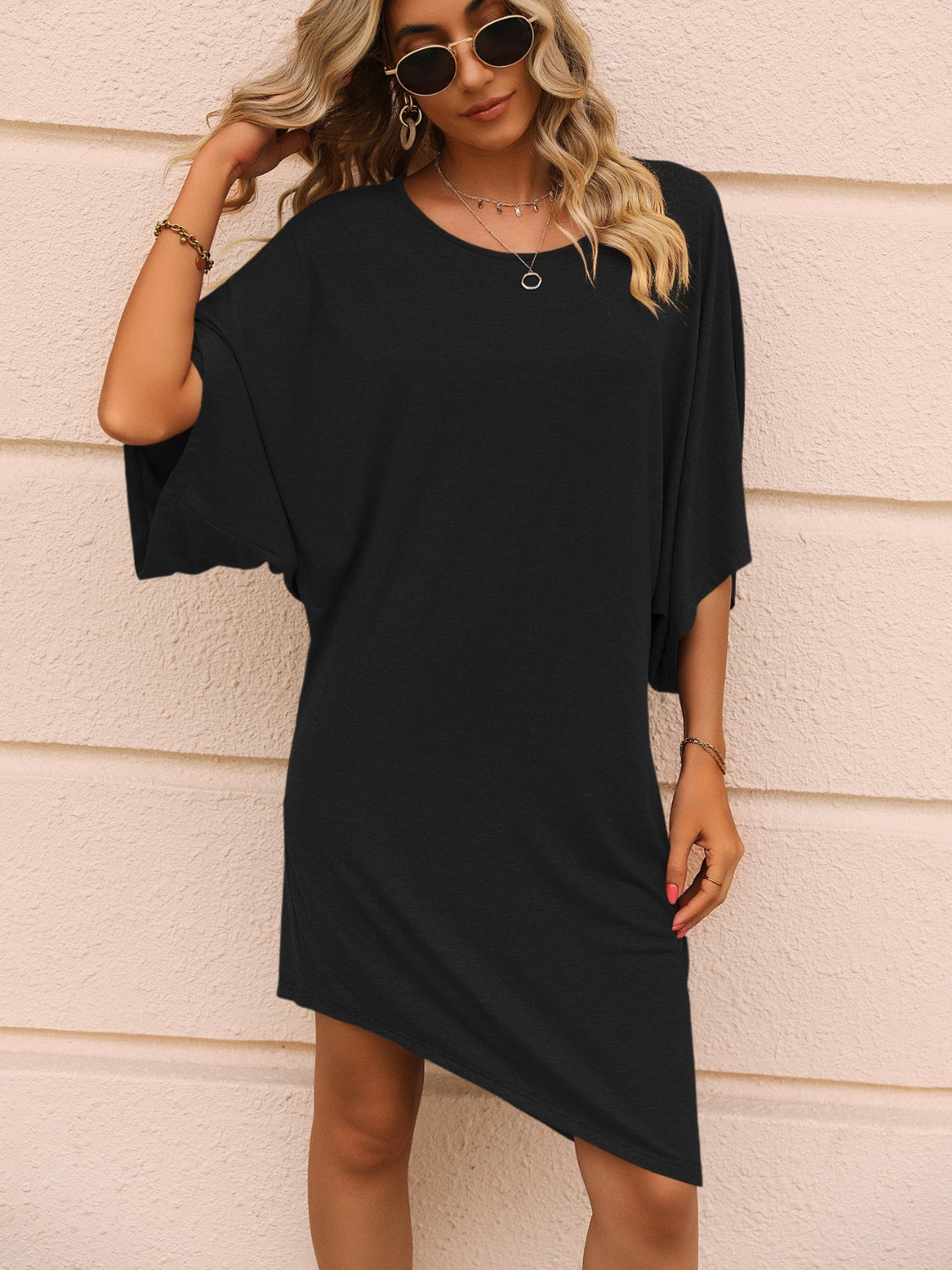 Round Neck Three-Quarter Sleeve Tee Dress - Tantalize Boutique
