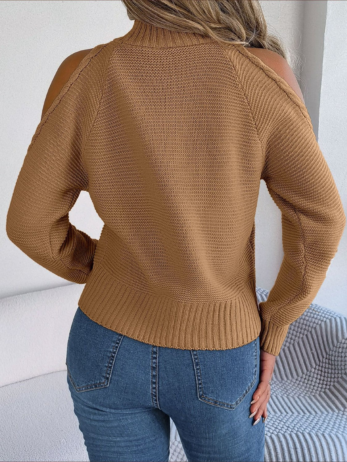 Cable-Knit Turtleneck Cold Shoulder Sweater - Tantalize Boutique