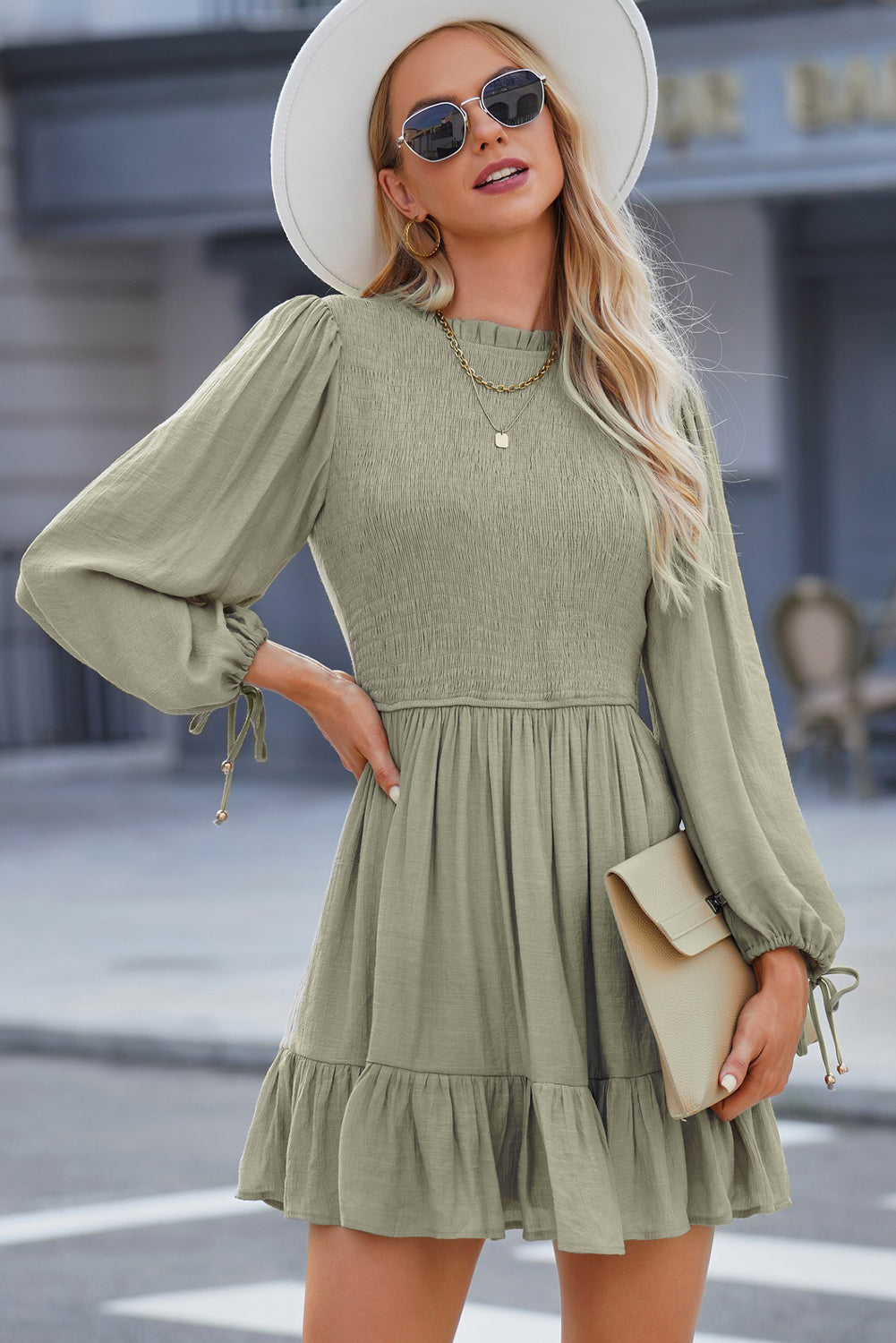 Smocked Tied Balloon Sleeve Mini Dress - Tantalize Boutique