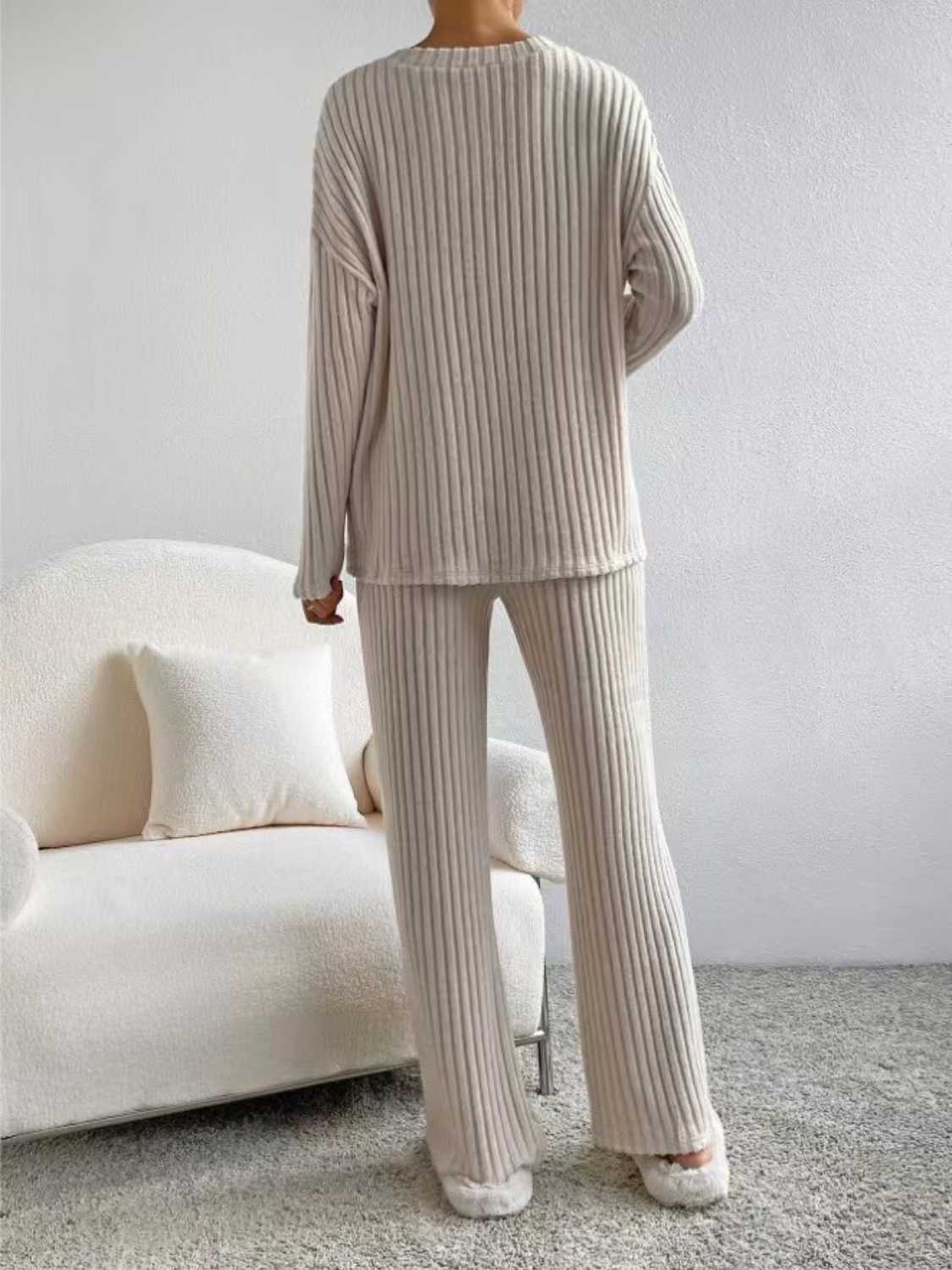 Ribbed V-Neck Long Sleeve Top and Pants Set - Tantalize Boutique