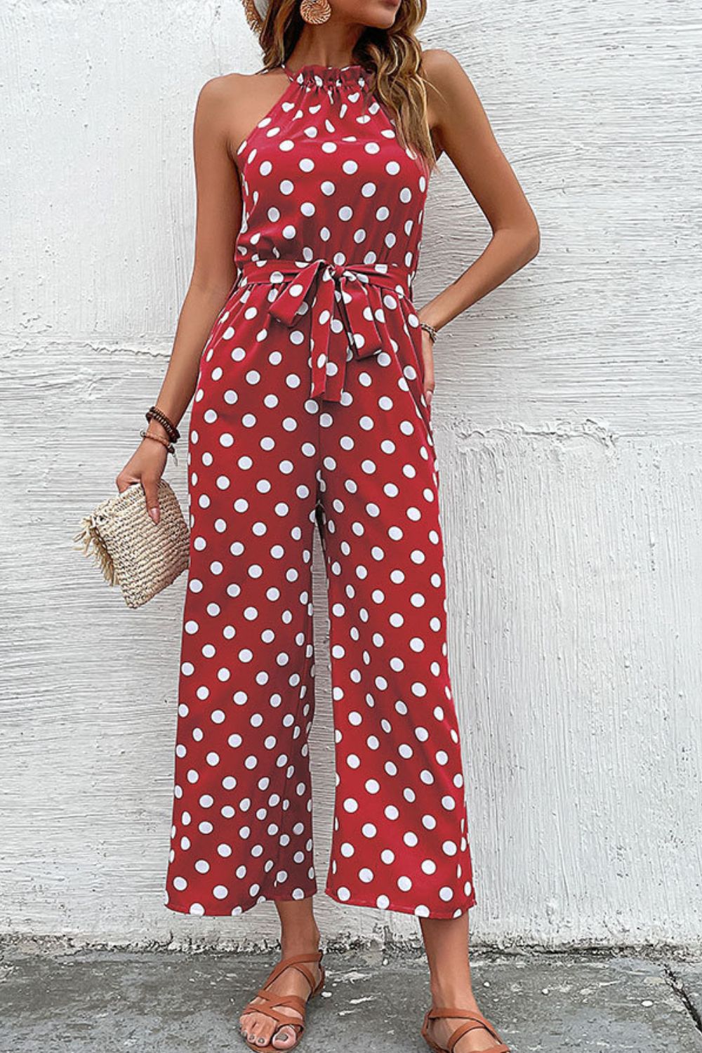 Polka Dot Grecian Wide Leg Jumpsuit - Tantalize Boutique