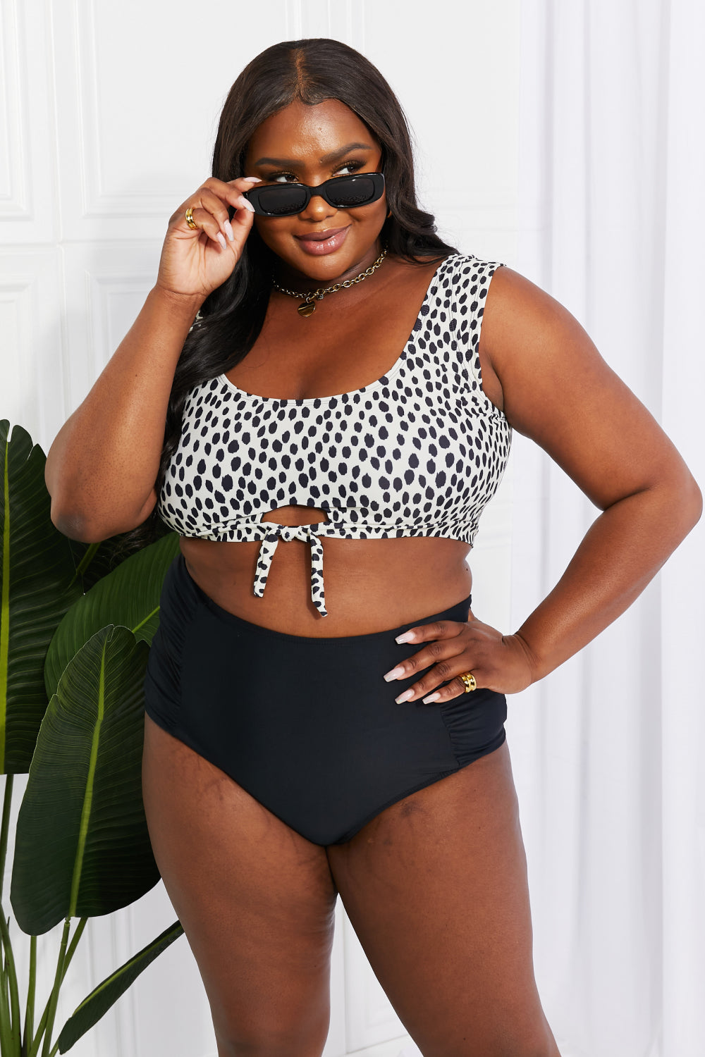 Marina West Swim Sanibel Crop Swim Top and Ruched Bottoms Set in Black - Tantalize Boutique