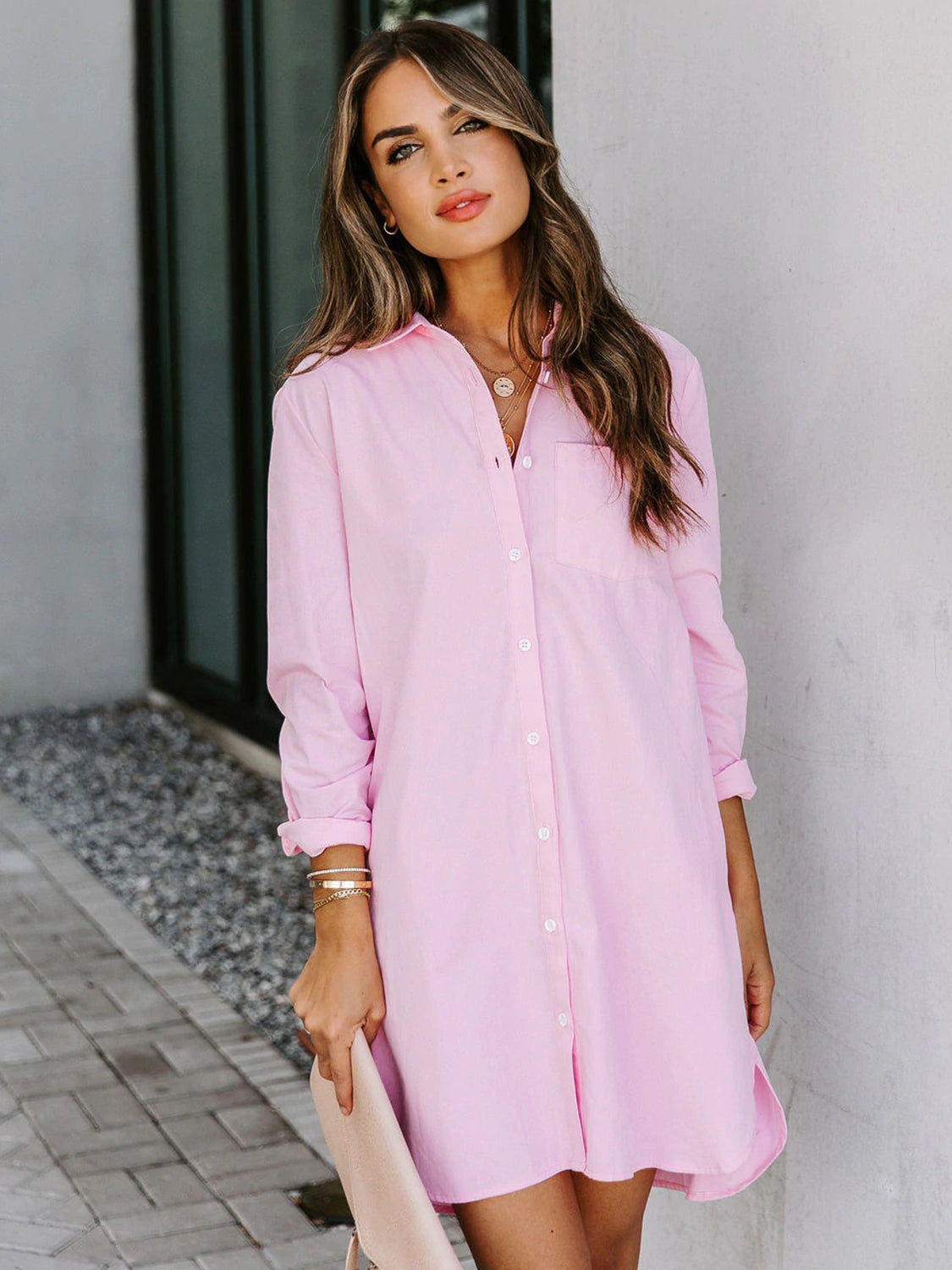 Button Up Collared Neck Long Sleeve Shirt Dress - Tantalize Boutique