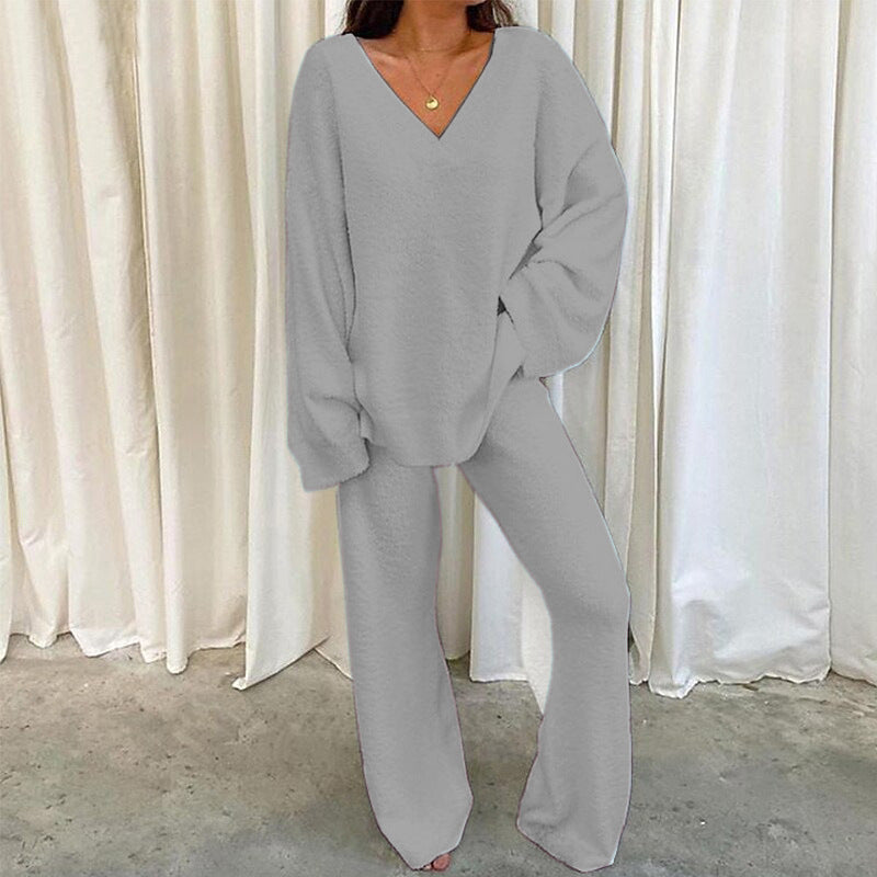 V-Neck Long Sleeve Top and Long Pants Set - Tantalize Boutique