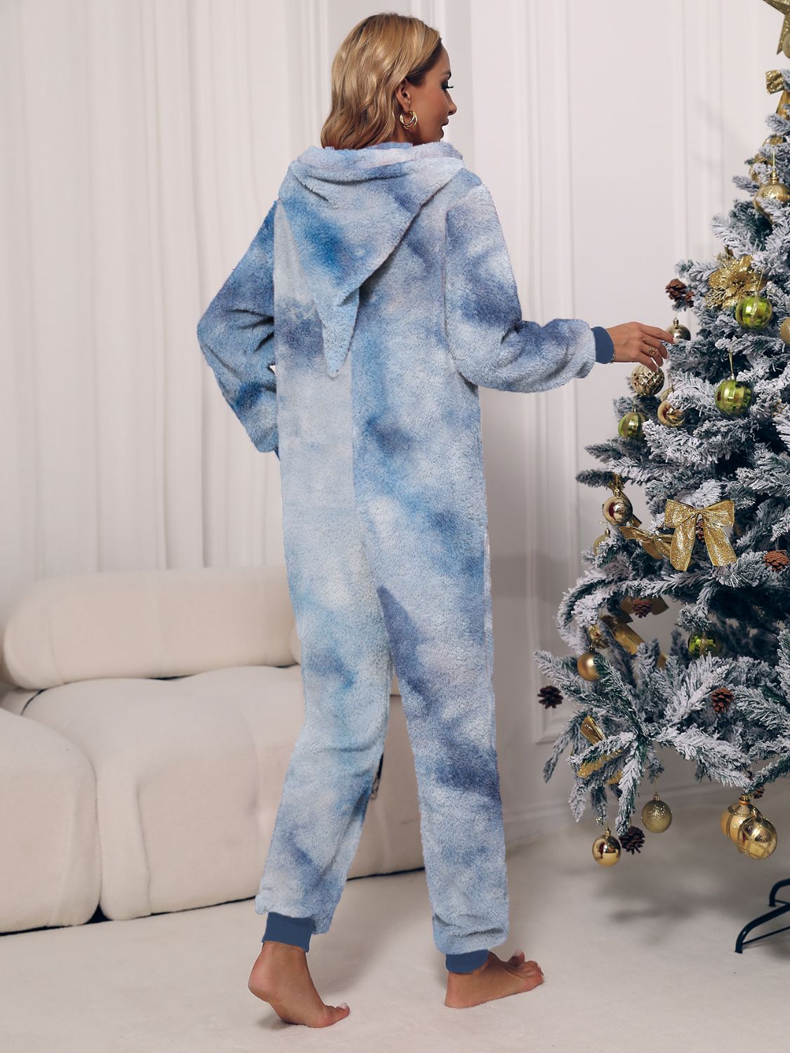 Zip Front Long Sleeve Hooded Teddy Lounge Jumpsuit - Tantalize Boutique