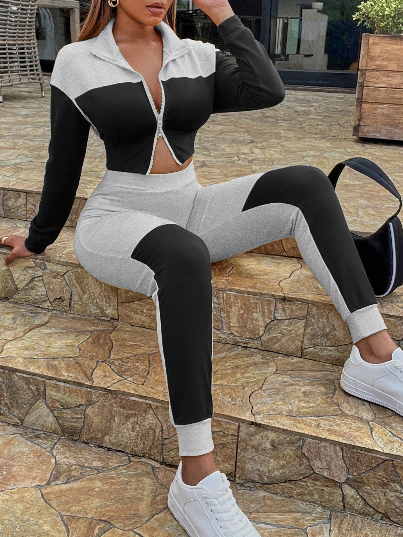 Two-Tone Collared Neck Top and Joggers Set - Tantalize Boutique