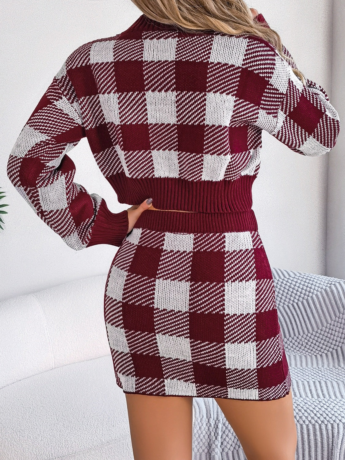 Plaid Round Neck Top and Skirt Sweater Set - Tantalize Boutique