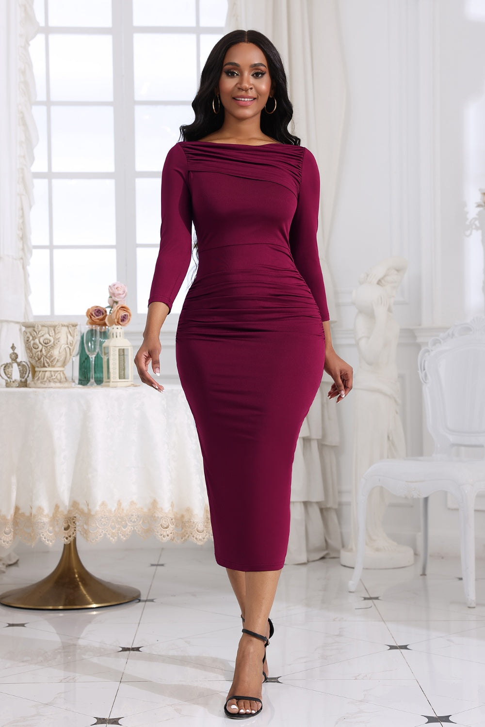 Ruched Boat Neck Midi Dress - Tantalize Boutique