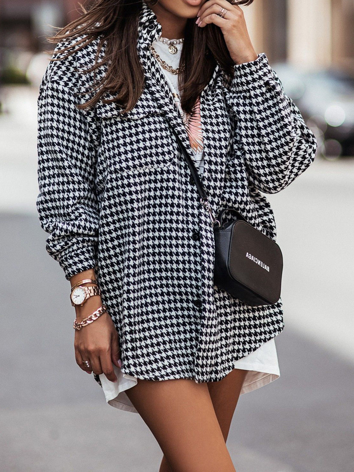 Houndstooth Button Up Dropped Shoulder Jacket - Tantalize Boutique