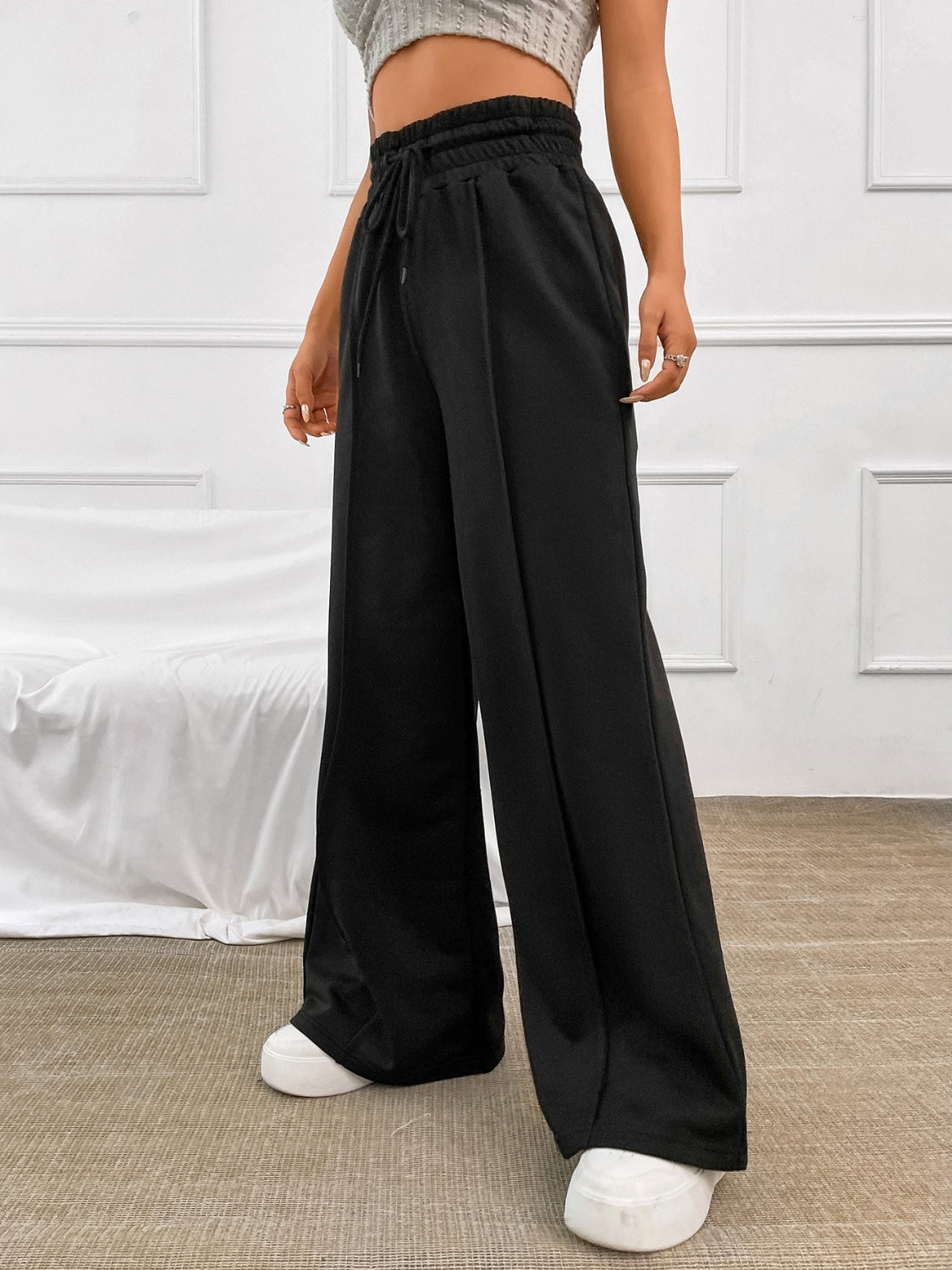 Honey Drawstring Elastic Waist Wide Leg Pants - Tantalize Boutique