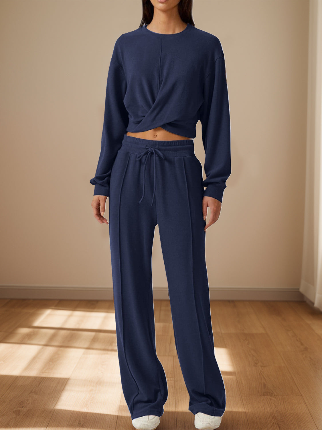 Crisscross Round Neck Top and Drawstring Pants Set - Tantalize Boutique