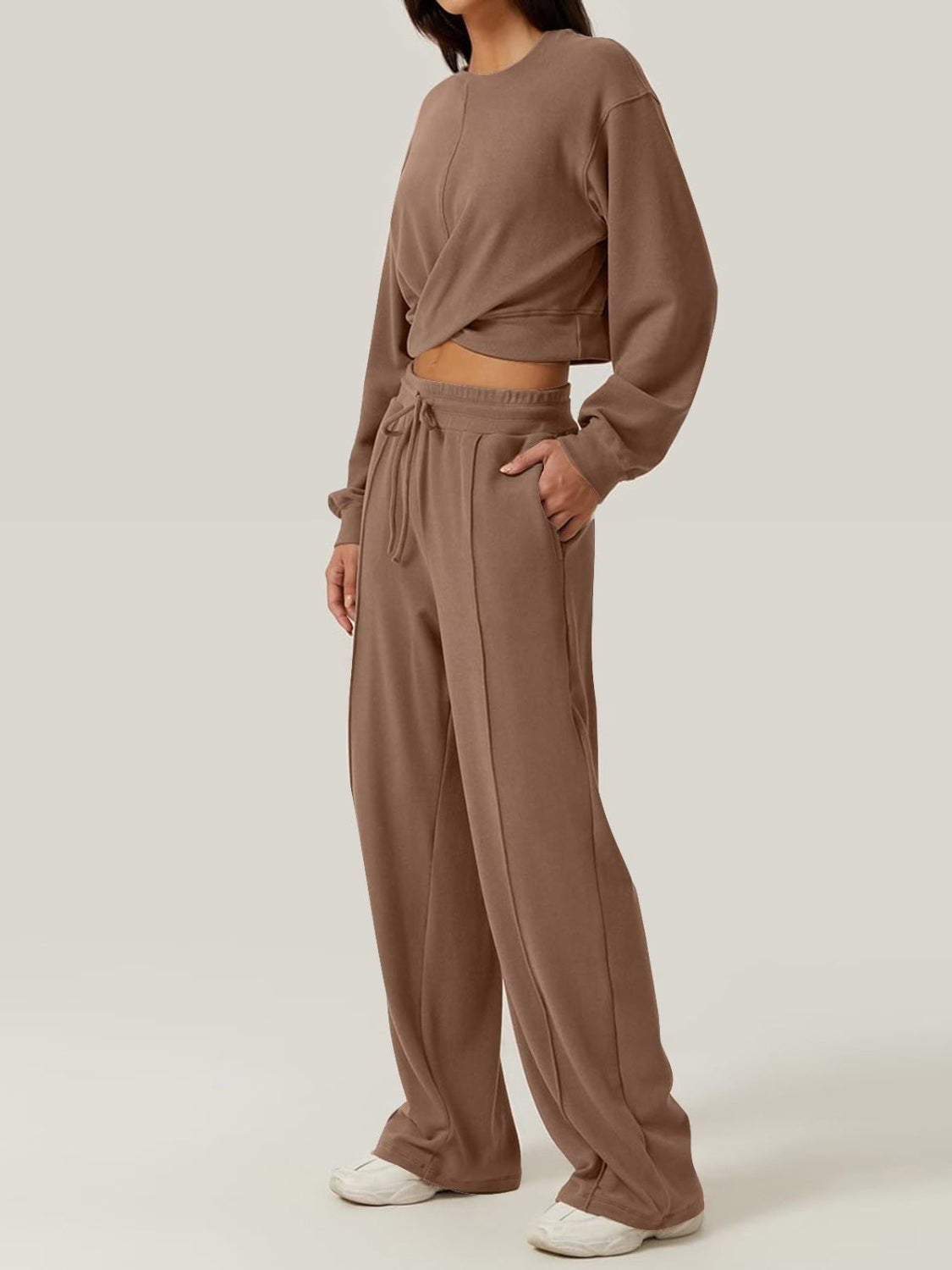Crisscross Round Neck Top and Drawstring Pants Set - Tantalize Boutique