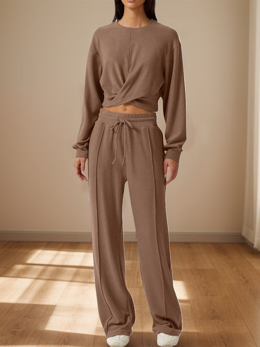 Crisscross Round Neck Top and Drawstring Pants Set - Tantalize Boutique