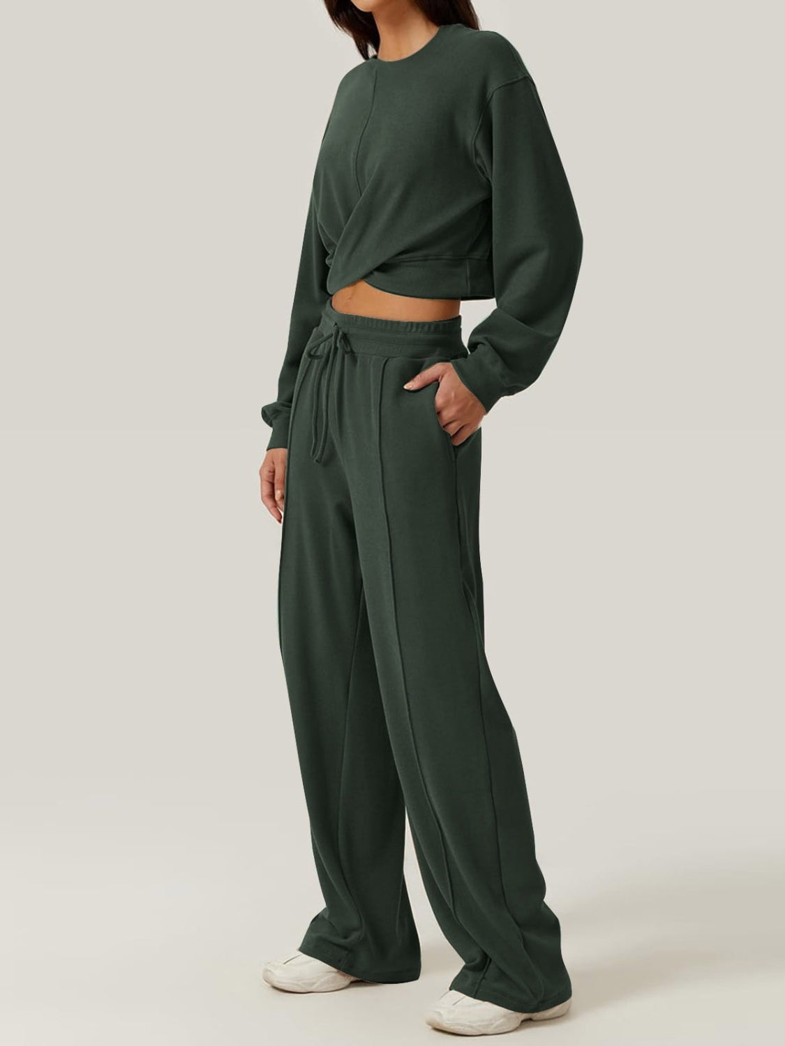 Crisscross Round Neck Top and Drawstring Pants Set - Tantalize Boutique