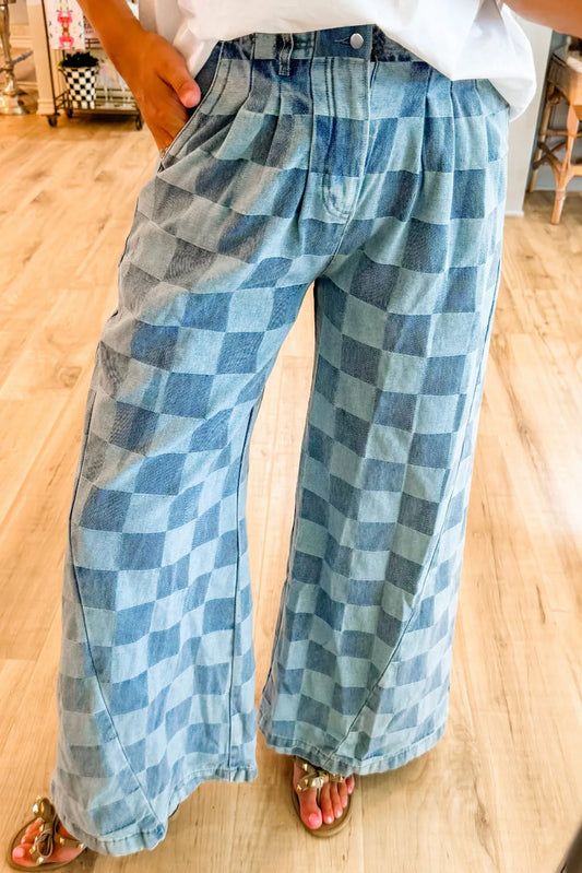 Checkered Wide Leg Jeans with Pockets - Tantalize Boutique