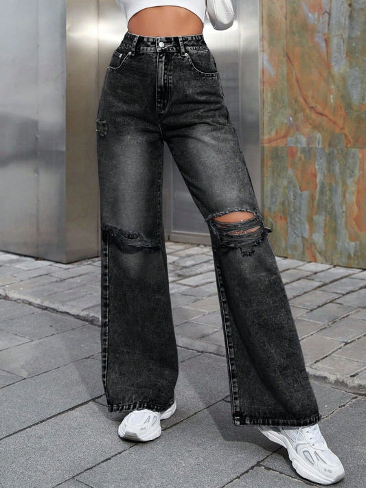 Distressed Wide Leg Jeans with Pockets - Tantalize Boutique