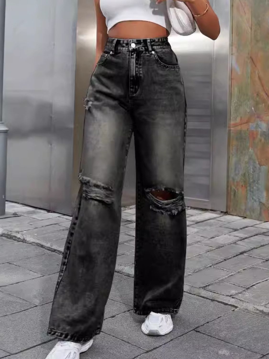 Distressed Wide Leg Jeans with Pockets - Tantalize Boutique