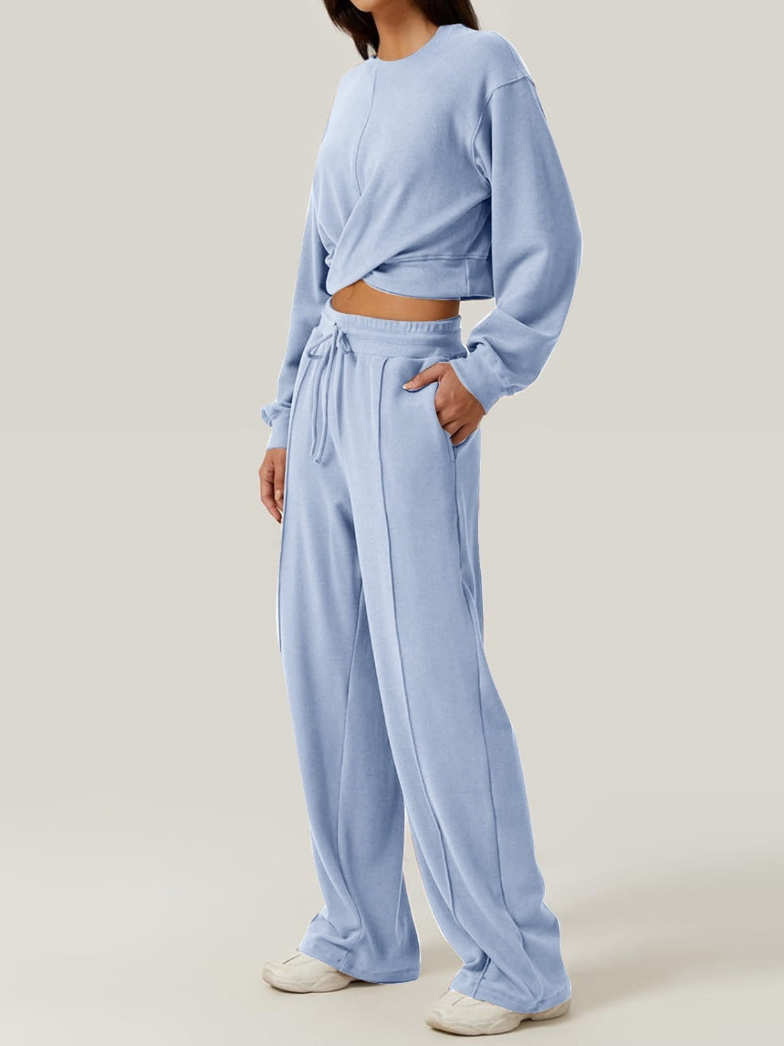 Crisscross Round Neck Top and Drawstring Pants Set - Tantalize Boutique