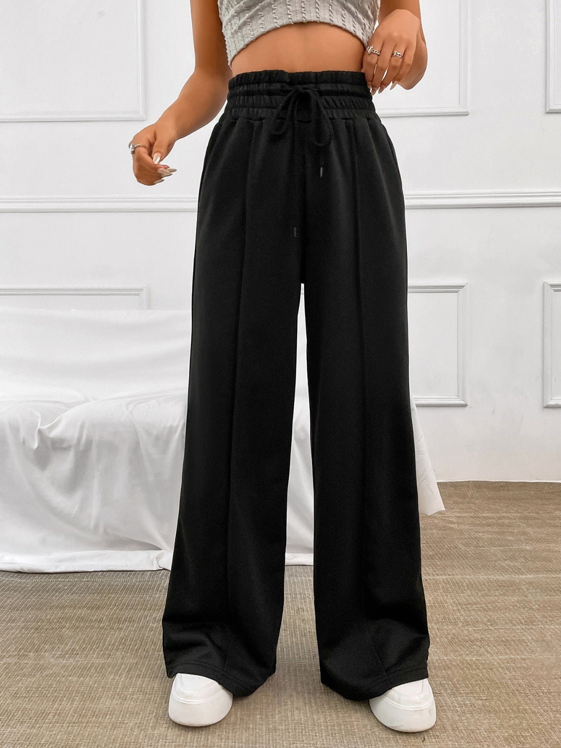 Honey Drawstring Elastic Waist Wide Leg Pants - Tantalize Boutique