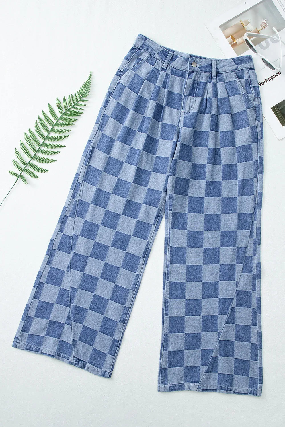 Checkered Wide Leg Jeans with Pockets - Tantalize Boutique
