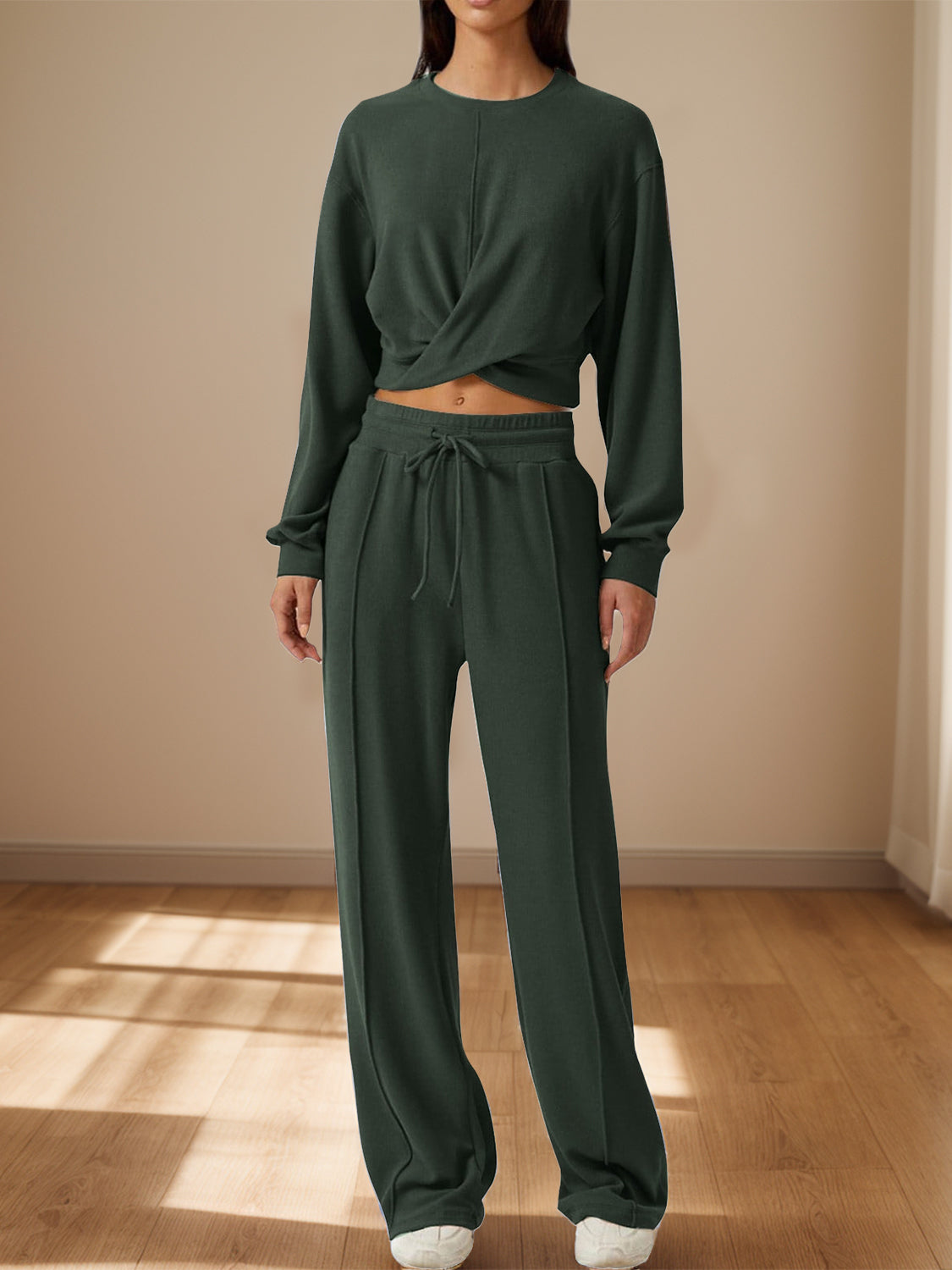 Crisscross Round Neck Top and Drawstring Pants Set - Tantalize Boutique