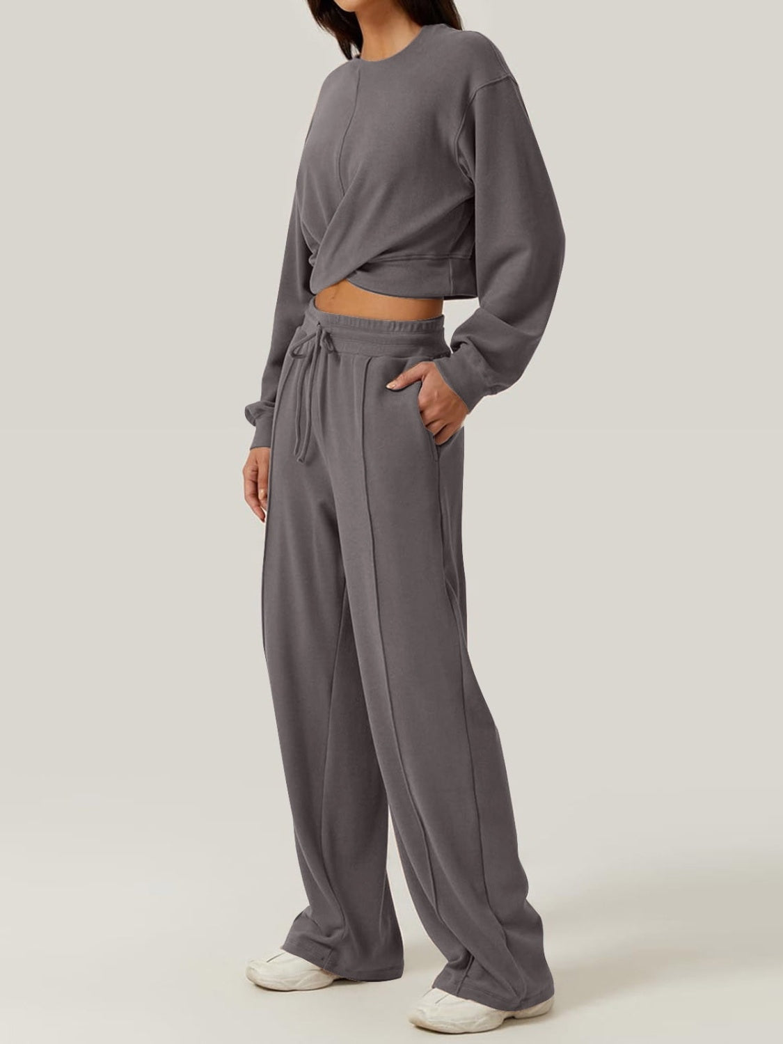 Crisscross Round Neck Top and Drawstring Pants Set - Tantalize Boutique
