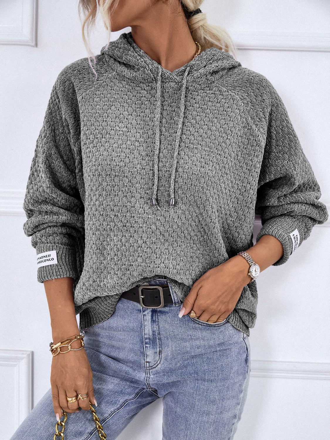 Texture Drawstring Long Sleeve Hooded Sweater - Tantalize Boutique