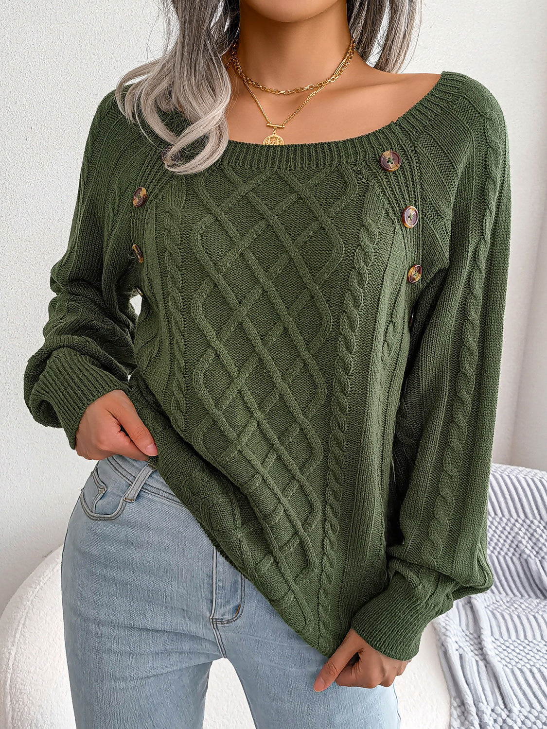 Decorative Button Cable-Knit Sweater - Tantalize Boutique