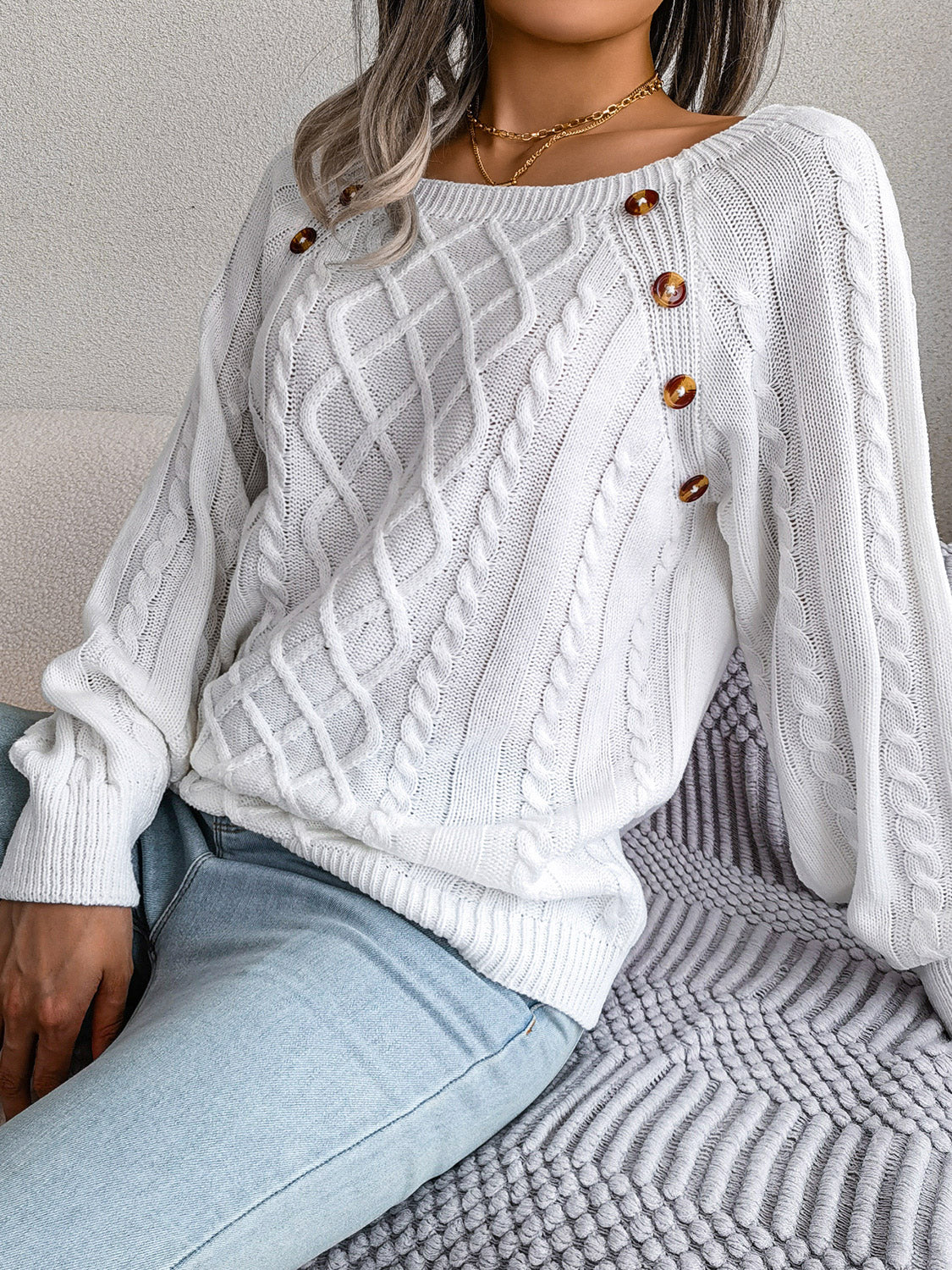 Decorative Button Cable-Knit Sweater - Tantalize Boutique