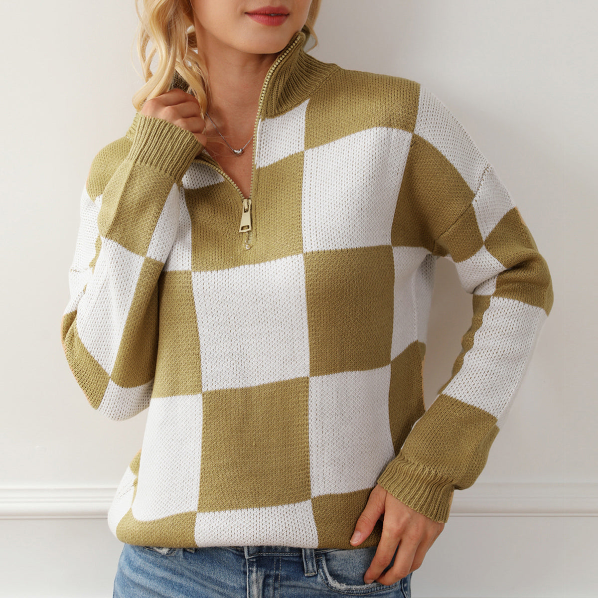 Checkered Half Zip Long Sleeve Sweater - Tantalize Boutique