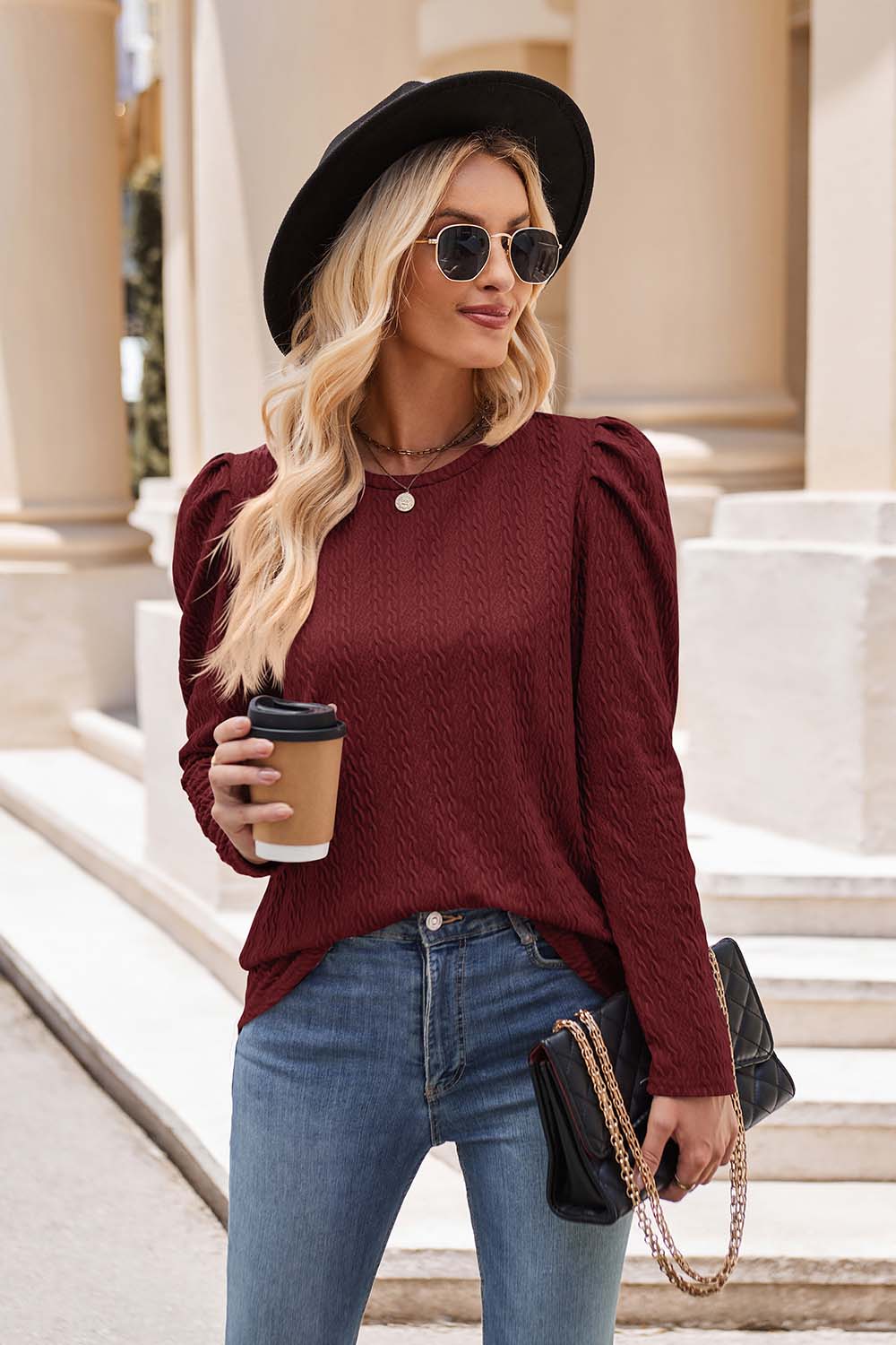 Round Neck Puff Sleeve Blouse - Tantalize Boutique