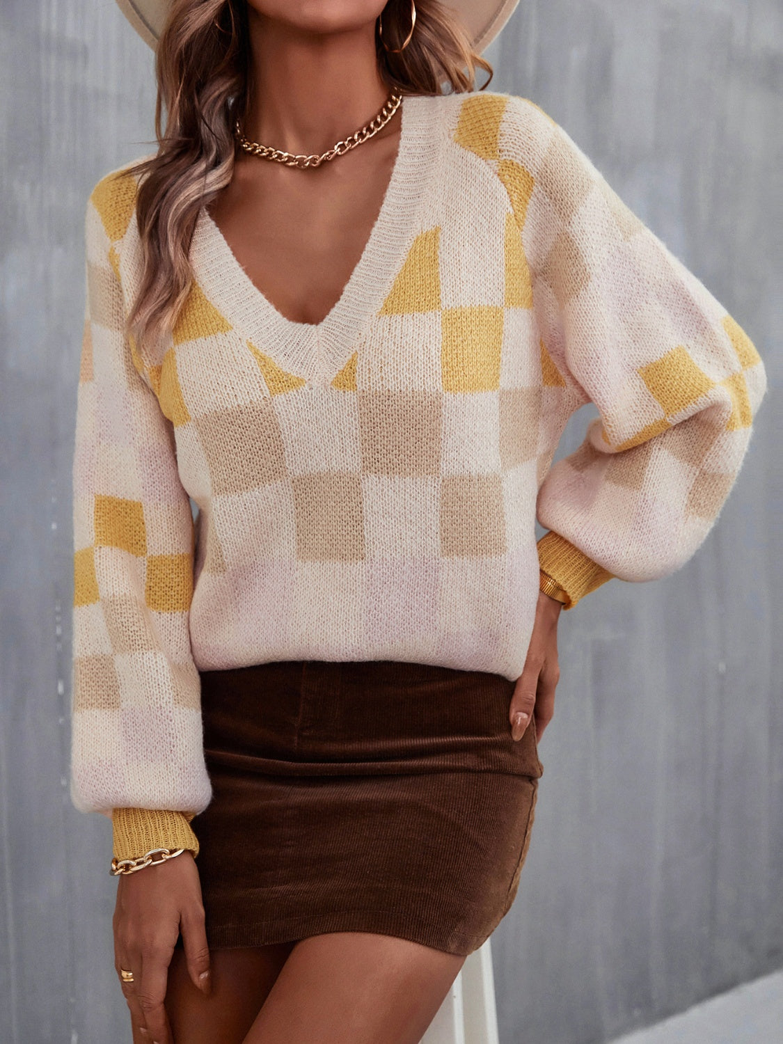 Checkered V-Neck Lantern Sleeve Sweater - Tantalize Boutique