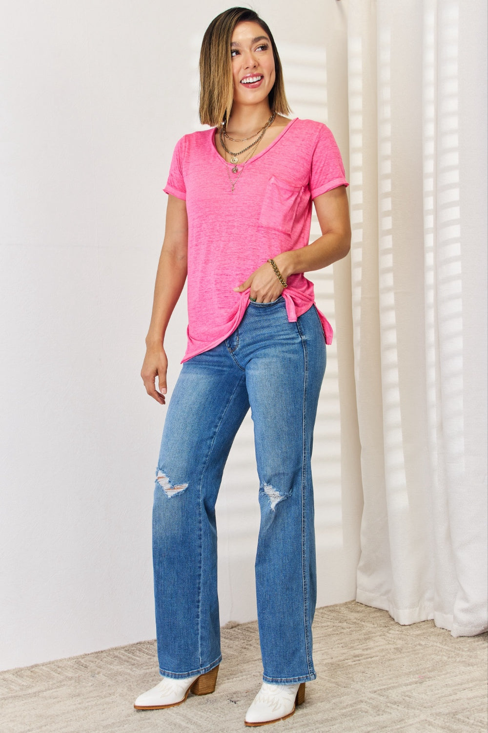 Zenana V-Neck Short Sleeve Slit T-Shirt - Tantalize Boutique