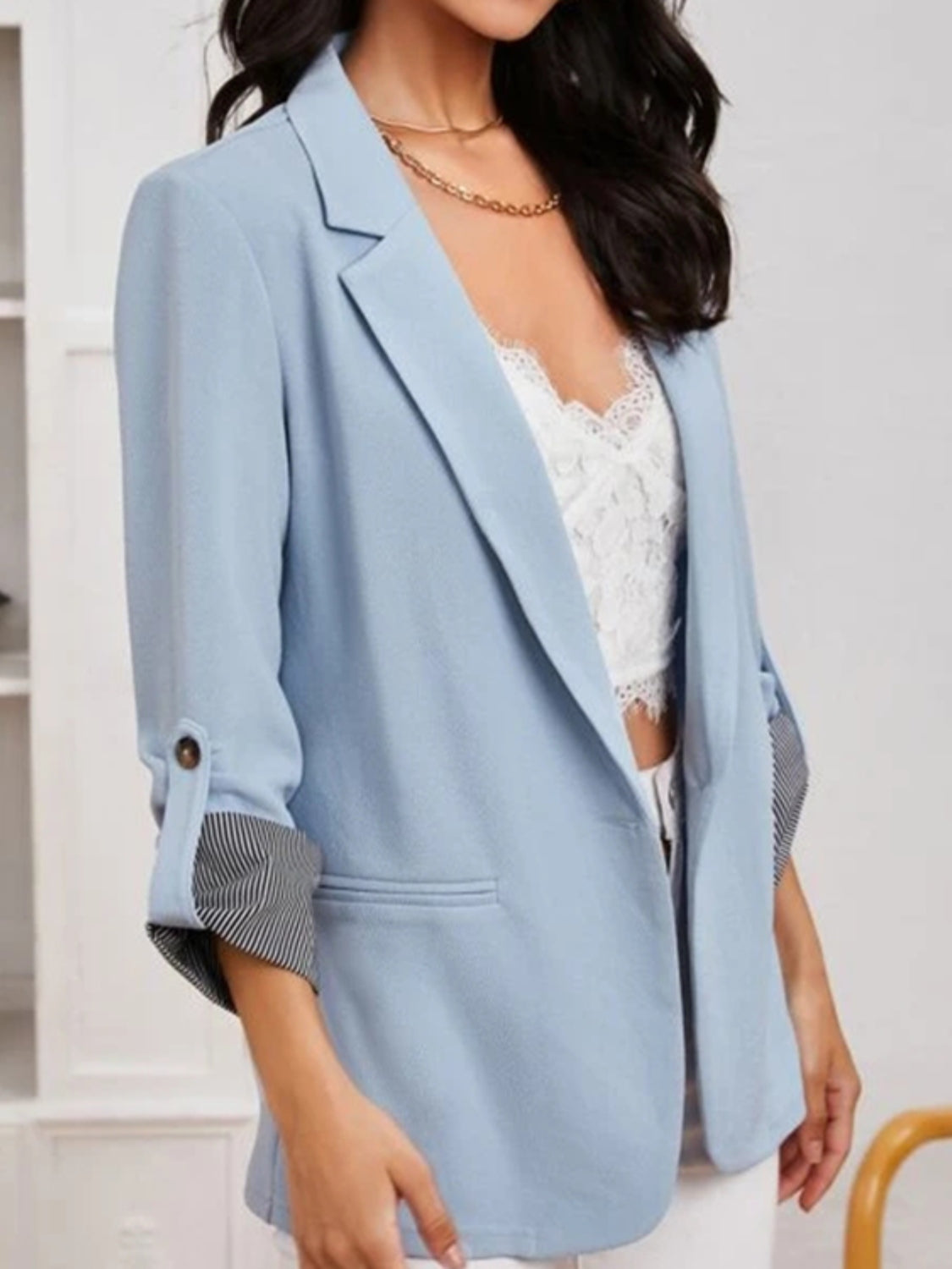Lapel Collar Roll-Tab Sleeve Blazer - Tantalize Boutique