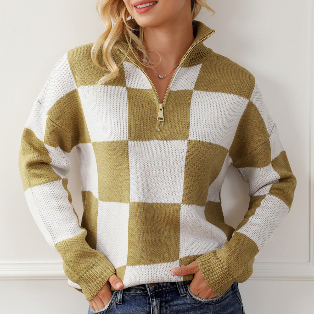 Checkered Half Zip Long Sleeve Sweater - Tantalize Boutique