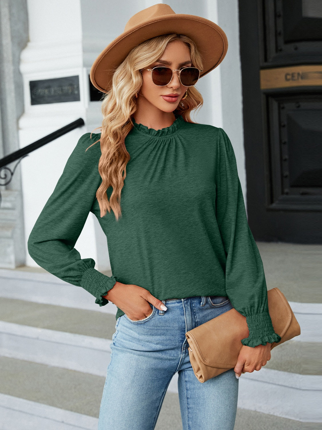 Frill Mock Neck Long Sleeve Blouse - Tantalize Boutique