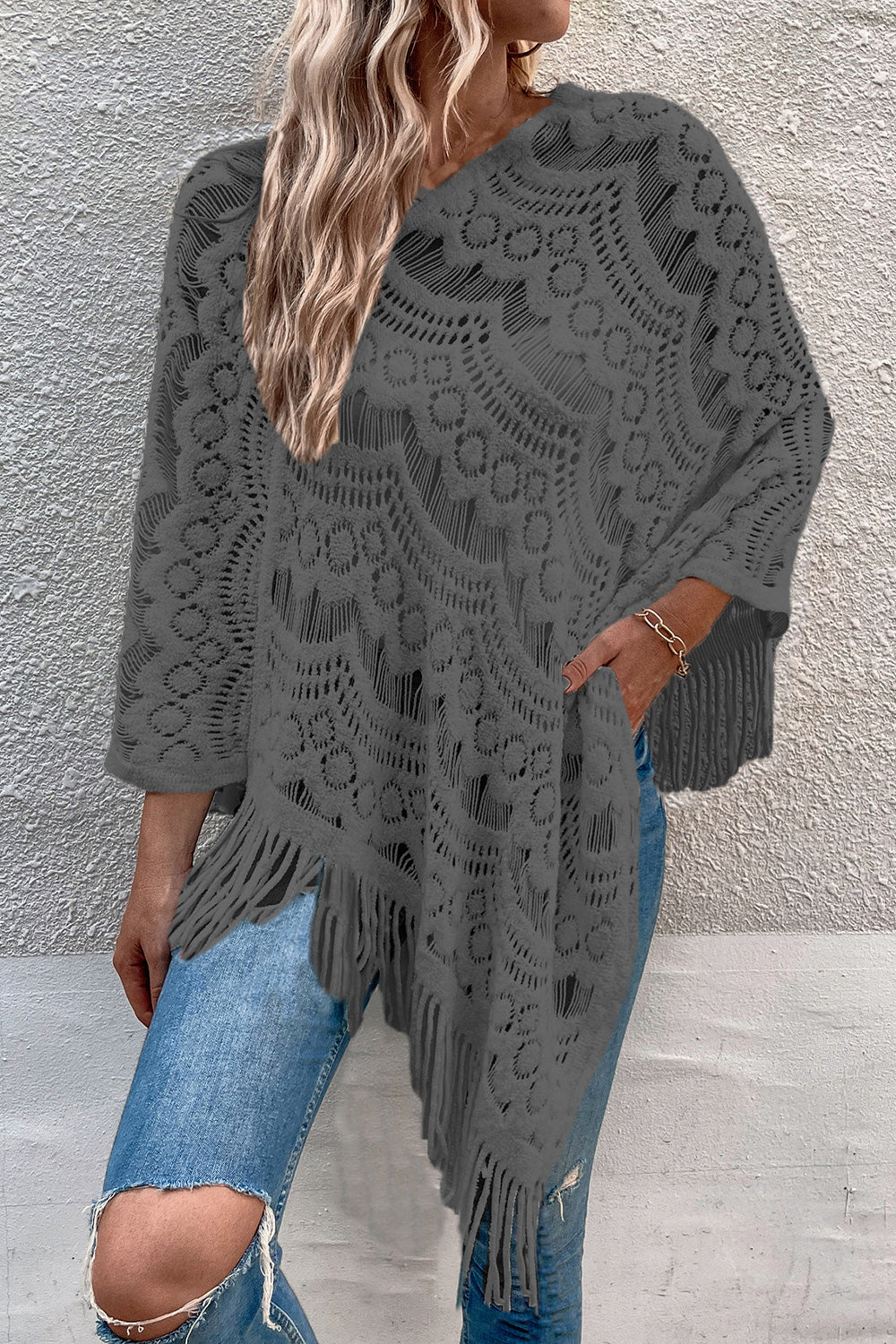 Openwork Fringe Detail Poncho - Tantalize Boutique