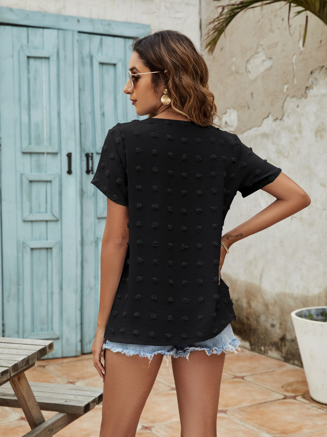 Swiss Dot V-Neck Short Sleeve Blouse - Tantalize Boutique