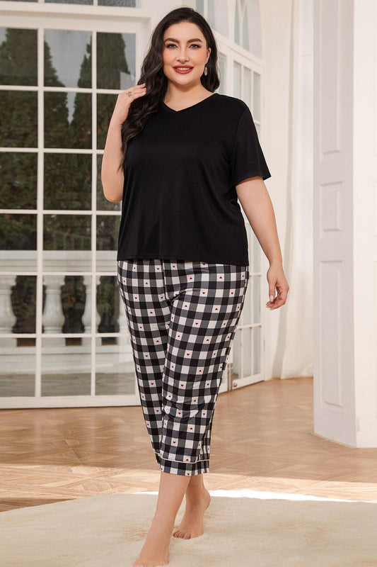V-Neck Tee and Plaid Cropped Pants Lounge Set - Tantalize Boutique