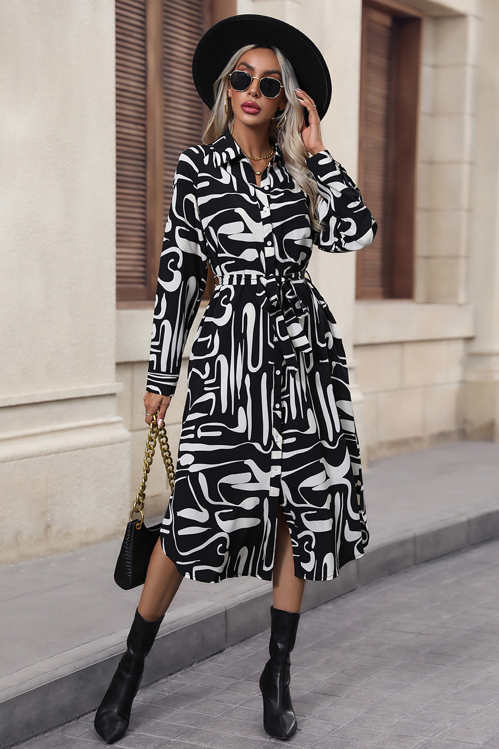 Printed Tie Front Collared Neck Slit Shirt Dress - Tantalize Boutique