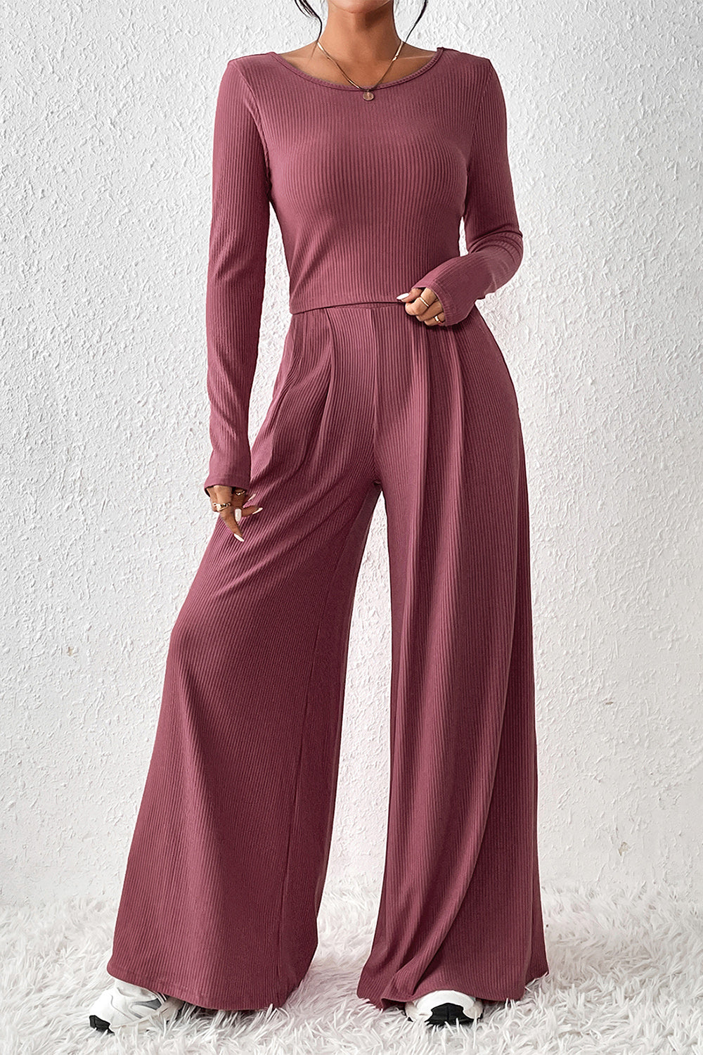 Ribbed Round Neck Top and Wide-Leg Pants Set - Tantalize Boutique